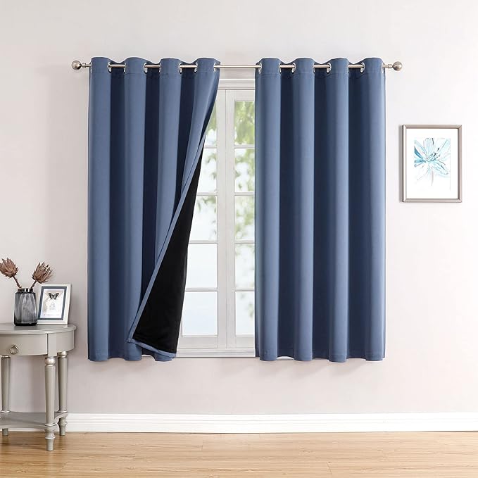 ChrisDowa 100% Blackout Curtains for Bedroom with Black Liner, 2 Thick Layers Total Blackout Thermal Insulated Grommet Window Curtains 2 Panels Set (Stone Blue, 52W x 45L)