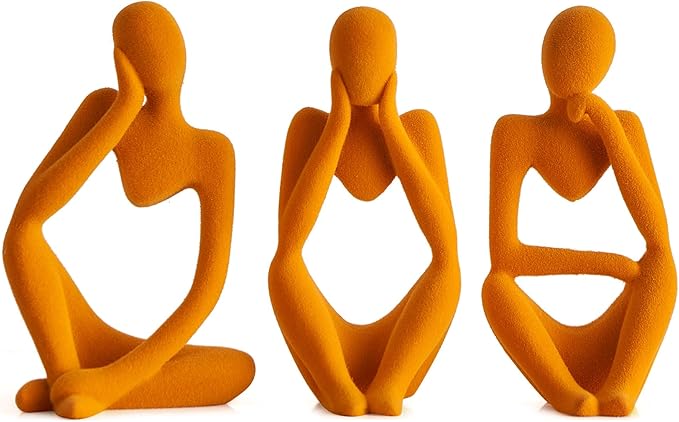FJS Thinker Statue Shelf Decor - Velvet Collectible Figurines Living Room Decor, Modern Sculptures Home Decorations for Bookshelf Coffee Table Office (Orange Velvet)