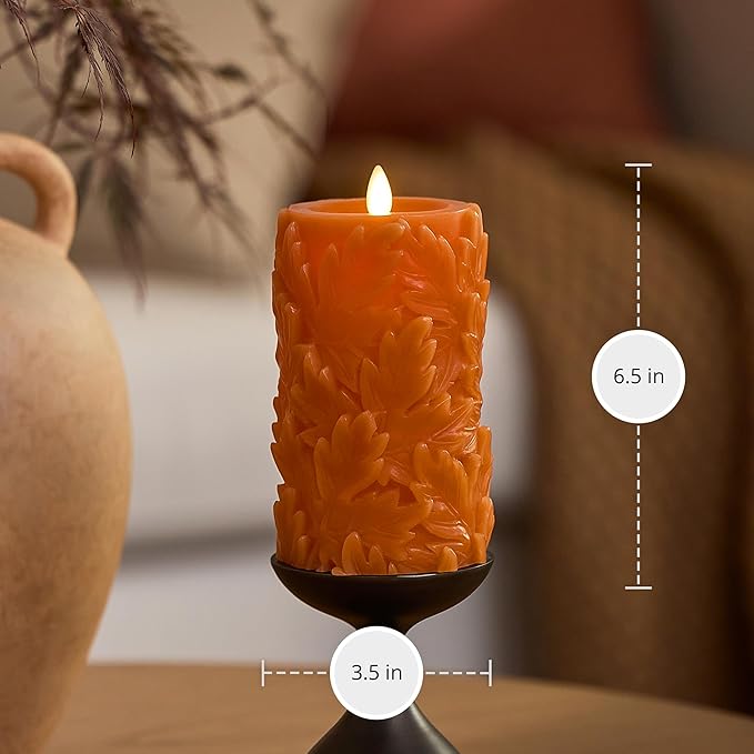 Luminara Flameless Marmalade Embossed Leaves 3.5" x 6.5" Pillar, Battery Operated & Timer Function, Fall Decorations Indoor Candle Moving Flickering Flame LED Light, Remote Ready (Sold Separately)