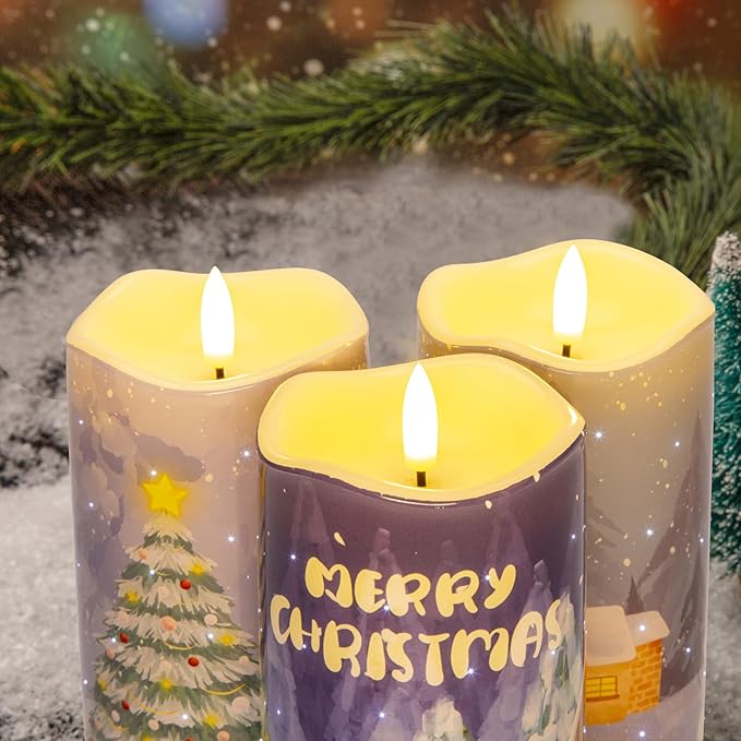 Eywamage Fiber Optic Flameless Candles with Remote, Flickering Battery Operated Christmas LED Pillar Candles Set of 3