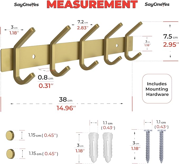 Brushed Gold Wall Mounted Coat Rack – 15 Inch Stainless Steel Rail with 5 Double Coat Hooks for Entryway, Bathroom, Bedroom, Kitchen – Modern Gold Hook Rack for Coats, Hats, Towels