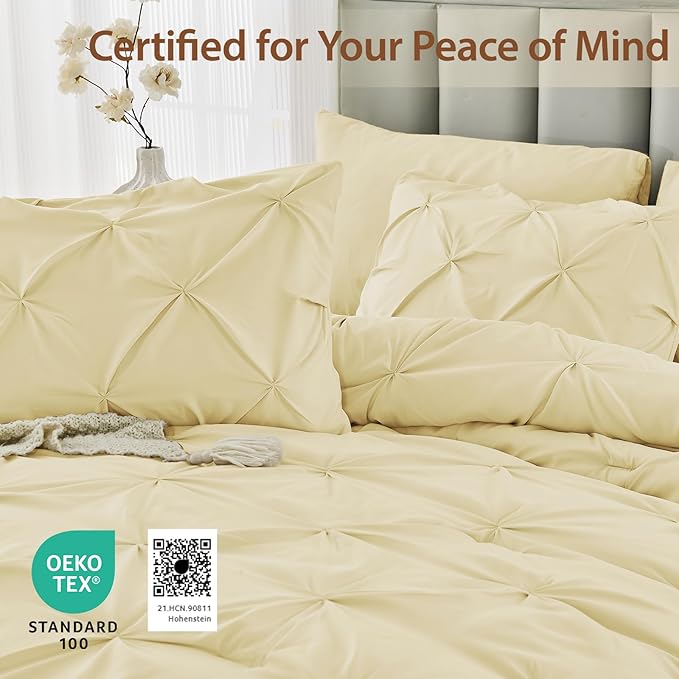 Sasttie Queen Comforter Set, 7-Piece Bed in a Bag, Pintuck Bedding Sets for All Season, Includes Comforter, Flat Sheet, Fitted Sheet, Pillowcases and Pillowshams, Pale Yellow