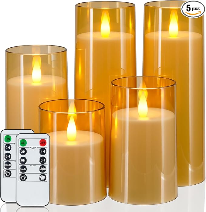 Homemory Realistic Flickering Flameless Candles, Battery Operated Candles with Remote Control and Timer, LED Fake Electric Candle for Home, Christmas Decoration, Gold, Set of 5