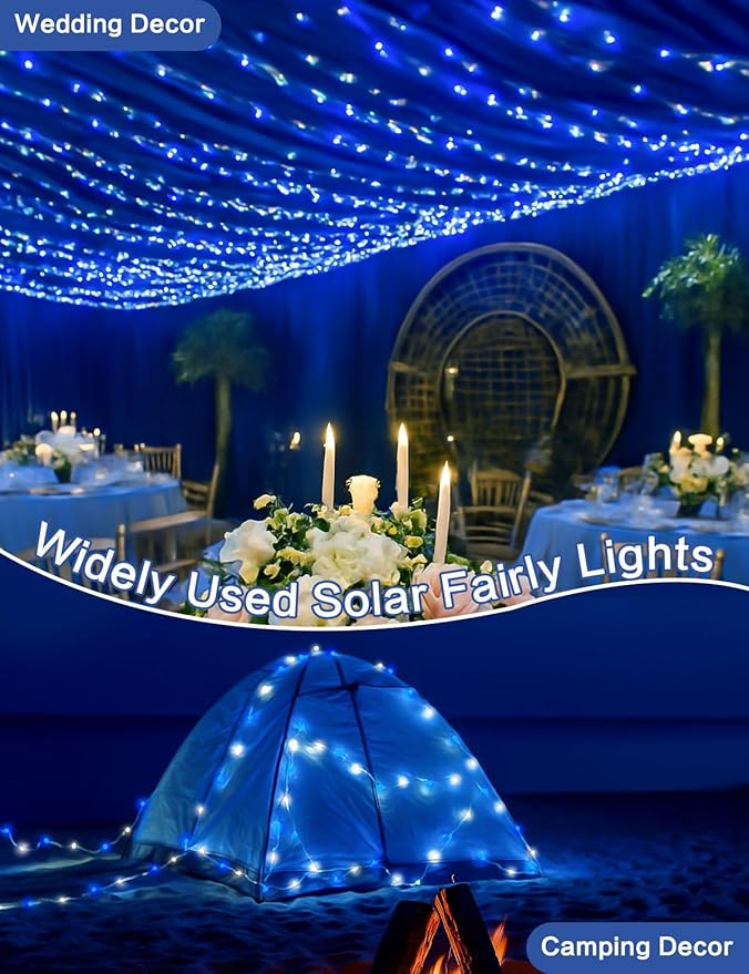 2 Pack Blue and White Solar String Lights Outdoor, 80FT 200 LED Waterproof Silver Wire Fairy Light, 8 Modes Solar Twinkle Light for Christmas Wedding New Year Independence Day Patio Fence Tree Decor