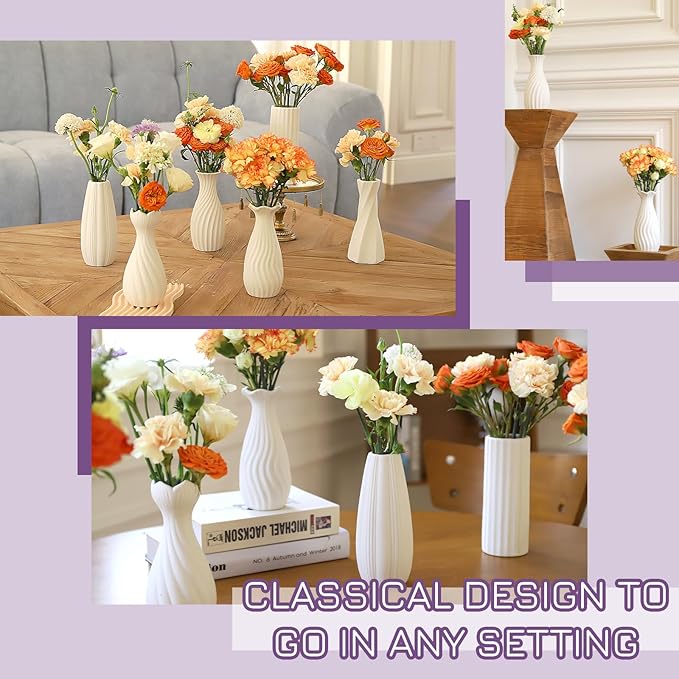 6 Pack Ceramic Bud Vases Set | 7" Roman Column-Inspired White Ceramic Vases with Textured Finish | Boho Modern Mini Vases for Home Decor, Fresh/Dried Flowers Centerpiece, Living Room Table Ornament