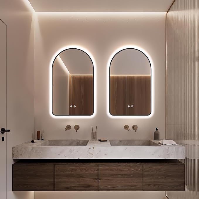 30"x20" Arched LED Bathroom Mirror, Wall Mounted Backlit Mirror with Lights Fog Free Lighted Framed Mirror Smart Anti-Fog 3 Color Temperatures Adjustable Brightness Black