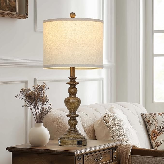 27" Vintage Table Lamps Set of 2, Farmhouse Resin Bedside Lamp with USB C+A Ports & AC Outlet, 3-Way Dimmable Touch Control Lamps for Living Room Bedroom Nightstand Antique Brown Washed Wooden Finish