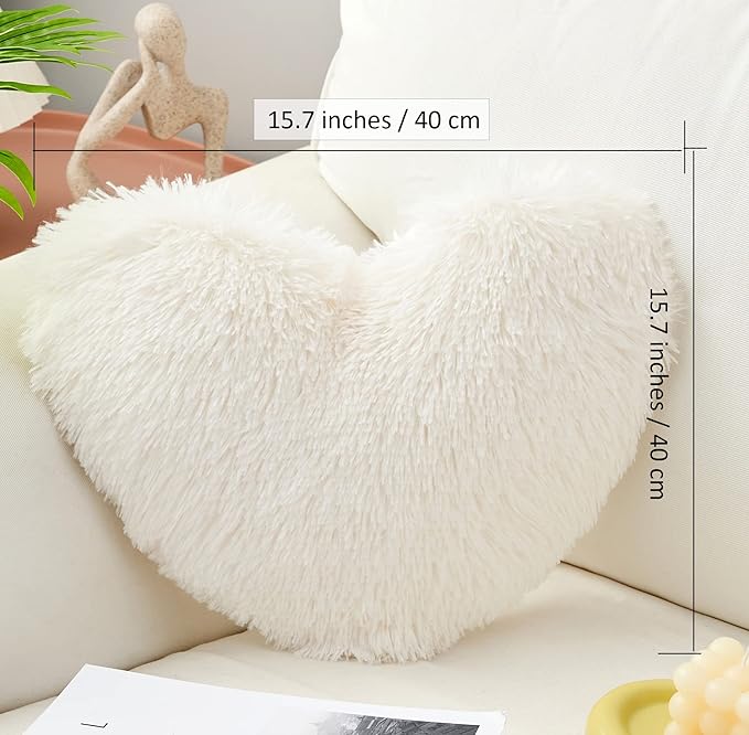 MOOWOO Plush Fluffy Heart Pillow, Fuzzy Throw Pillows for Mom Gifts,Solid Color, Zipper Close Decorative Throw Pillow for Valentines Day (White)