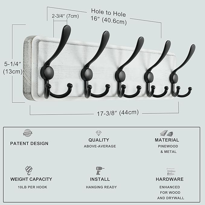 Dseap Coat Rack Wall Mounted - 5 Tri Hooks, Heavy Duty, Wooden Wall Coat Hanger Coat Hook for Clothes Hat Jacket Clothing, Natural & Black, 2 Packs
