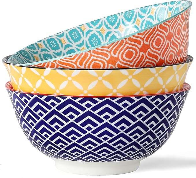 Large Salad Bowls, 48 Oz Serving Bowls for Soup, Pho, Pasta Rarmen, Stackable Ceramic Bowls for Kitchen, Set of 3, Microwave & Dishwasher Safe
