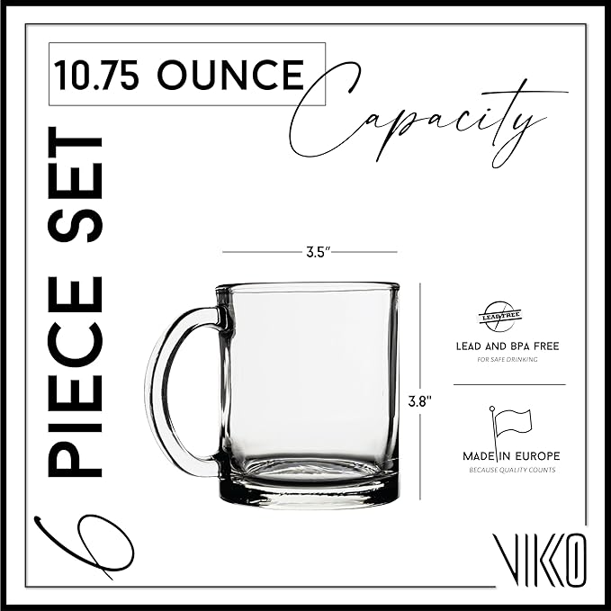 Vikko Glass Coffee Mug Set of 6, 10.75 Ounce Clear Mugs, Microwave and Dishwasher Safe