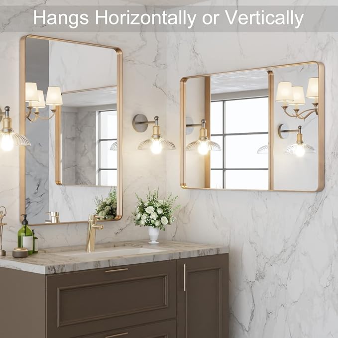 LOAAO 20”X30” Gold Bathroom Mirror, Rounded Rectangle Gold Frame Mirror, Brushed Gold Bathroom Vanity Mirror Wall-Mounted, Anti-Rust, Hangs Horizontally or Vertically