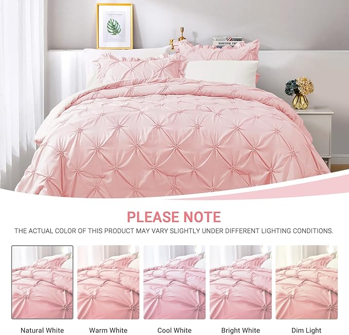 JOLLYVOGUE Pink/Ivory Cal King Size Comforter Sets 7 Pieces, Pintuck Bed in a Bag Comforter Set for Bedroom, Bedding Comforter Sets with Comforter, Sheets,Ruffled Shams & Pillowcases