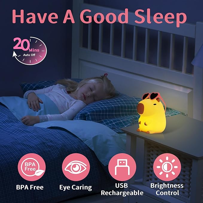 Attivolife Capybara Night Light, Sunglasses Capybara Silicone Lamp for Girls, Touch Nightlight Portable with Dim, Funny Bathroom Table Decor Birthday Xmas Gift for Women Friends（Pink Glasses）
