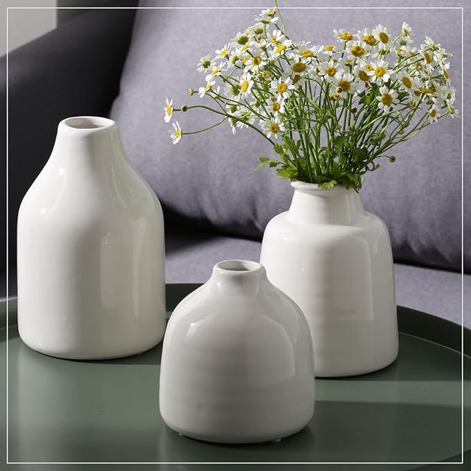 hjn Small White Vase Set of 3 for Modern Home Decor,Ceramic Vases for Centerpieces Flower Vases for Living Room Wedding/Dinner Table/Party -White