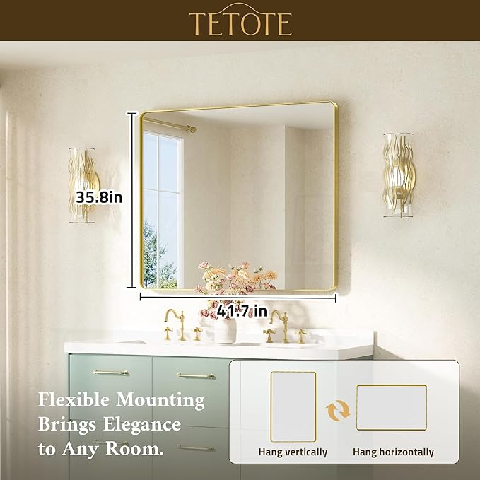 TETOTE Gold Vanity Mirror 42 x 36 Brushed Gold Metal Framed Vanity Mirror, Tempered Glass, Modern Farmhouse Wall Mounted Mirrors for Decorative(Horizontal/Vertical)