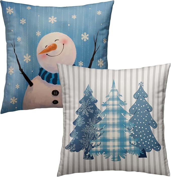 Winter Snowman Throw Pillow Covers - Buffalo Plaid Trees Pillow Covers 20x20 Set of 2 Snowflake Pillowcases Ice Crystal Snow Cushion Covers for Home Sofa Bed