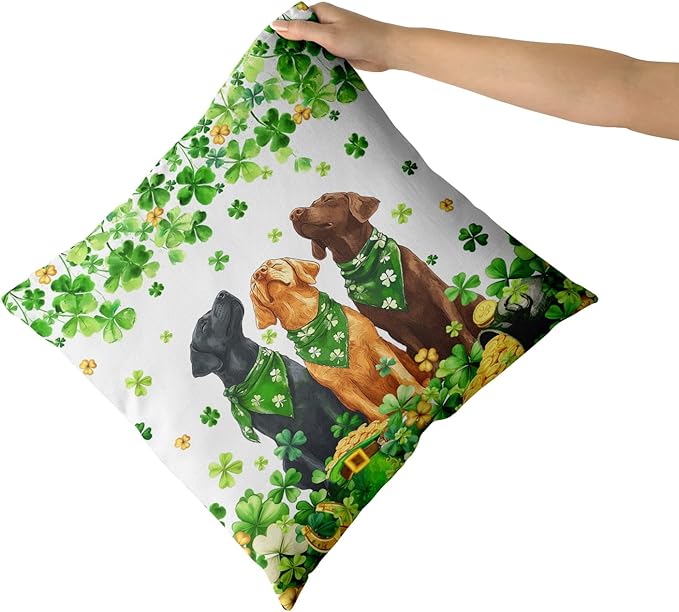 Giwawa Patrick Dogs Pillow Covers Set of 2 20x20inch Lucky Shamrocks Funny Puppy Decorative Square Pillow Cases Spring Clovers Leaf Cotton Throw Cushion Covers for Sofa Couch Patio Bedding