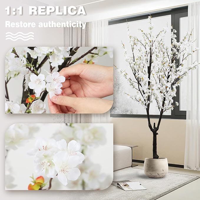 Faux White Cherry Blossom Tree 6ft(74in) Tall Artificial Plant Home Decor Handmade Natural Fake White Flower Tree for Wedding Realistic Silk Cherry Plant in Pot for Living Room,Office,Outdoor Decor.