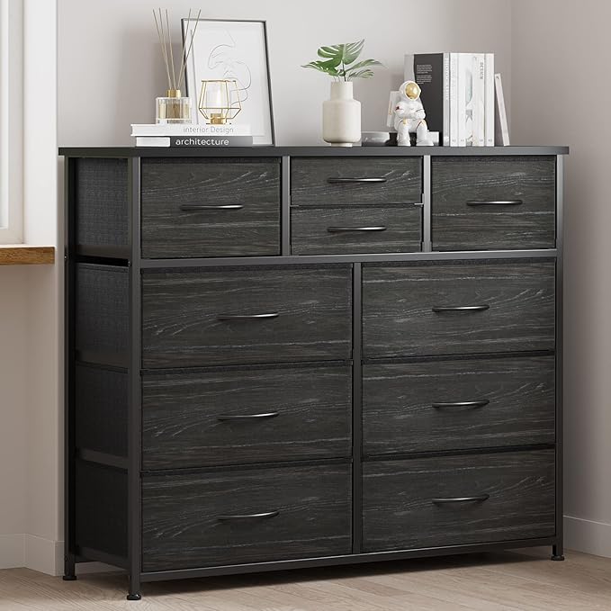 LUMTOK 10-Drawer Dresser, Fabric Dressers Drawers for Bedroom, Hallway, Nursery, Closets, Steel Frame, Wood Top, Easy Pull Handle (Black Wood Veins)
