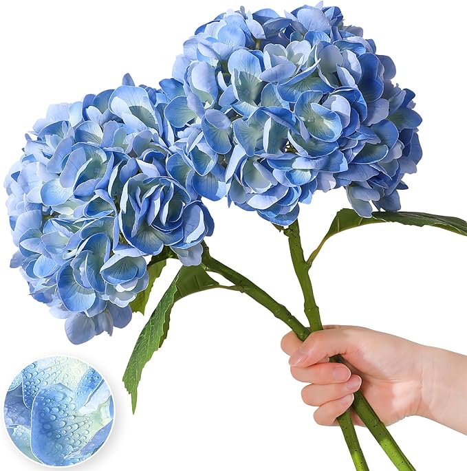 Nubry 22.44In Blue Hydrangea Artificial Flowers, 2Pcs Latex Faux Real Touch Large Hydrangea Flowers with Long Stems & Leaves for Home Office Decor Wedding Party Arrangements(Blue)