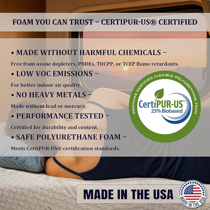 Foamma 12” x 32” x 75” Camper/RV Travel Gel Memory Foam Foam Bunk Mattress, Organic Cotton Cover, Made in USA, Comfortable, Travel Trailer, CertiPUR-US Certified