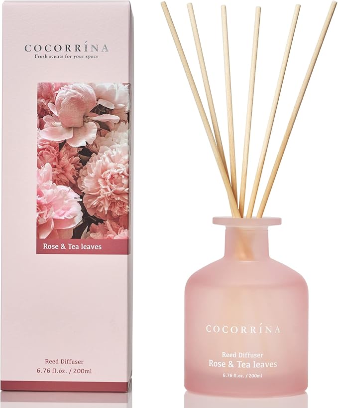 Cocorrína Reed Diffuser - Rose & Tea Leaves 6.76oz Diffuser with Sticks Home Fragrance Essential Oil Reed Diffuser for Home Bedroom Bathroom Shelf Decor Office Decor (Summer Collection)