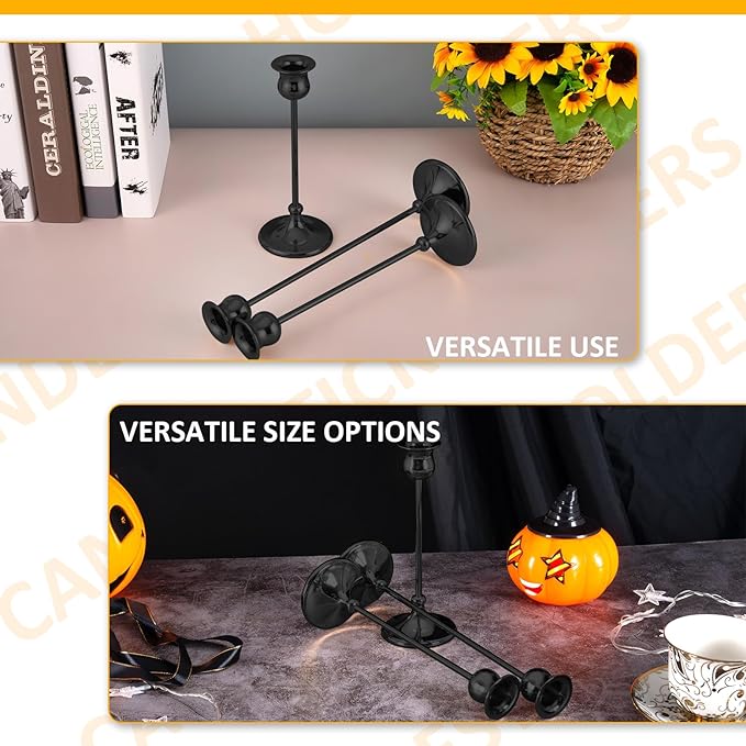 Taper Candle Holder Tall Vintage Metal Candlestick Holders Candle Stick Candelabra for Halloween Thanksgiving Christmas Holiday Wedding (Matt Black, 2 Sets (6 pcs))