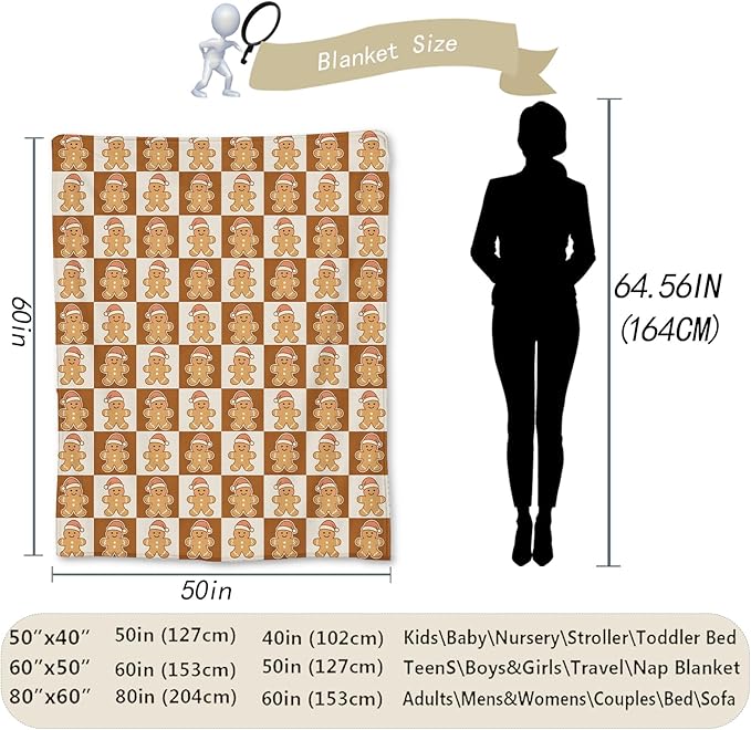 Christmas Gingerbread Blanket, Soft Lightweight Flannel Cute Gingerbread Men Throw Blanket for Couch, Bed, Travel & Holiday Decor Gifts, Cozy Warm Checkered Pattern Blankets for Women Kids 80×60 in