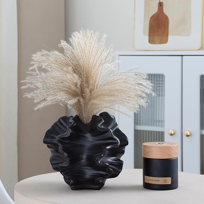 BUICCE Black Ceramic Coral Vase for Pampas Grass Decor Modern Decorative Dandelion Vase for Flower Home Office Living Room Table Centerpieces.