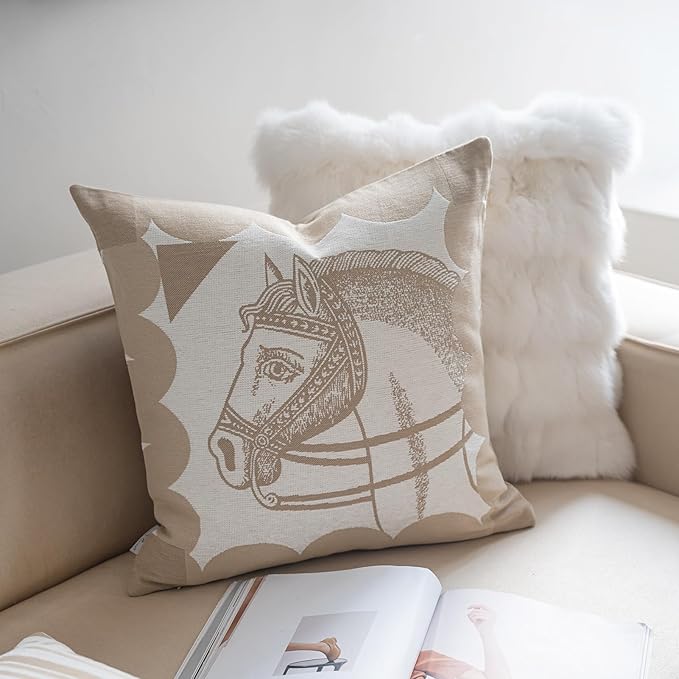 Premium Throw Pillow Covers 22x22 Inches - Oatmeal Horse Chenille Jacquard Embroidery Decorative Couch Pillow Covers for Living Room Bedroom Sofa Home Décor