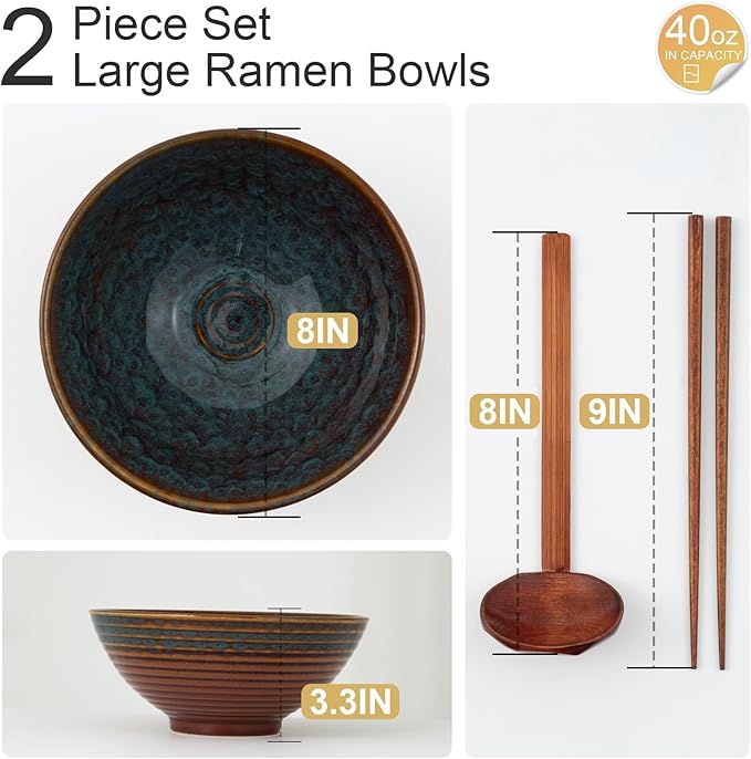 8 Inch Ceramic Ramen Bowl Set of 2, 40oz Japanese Bowls with Spoons & Chopsticks,Durable,Microwave & Dishwasher Safe,Perfect for Ramen,Pho,Salad,Soup,Noodles，Mixing bowls（Verdigris Green）
