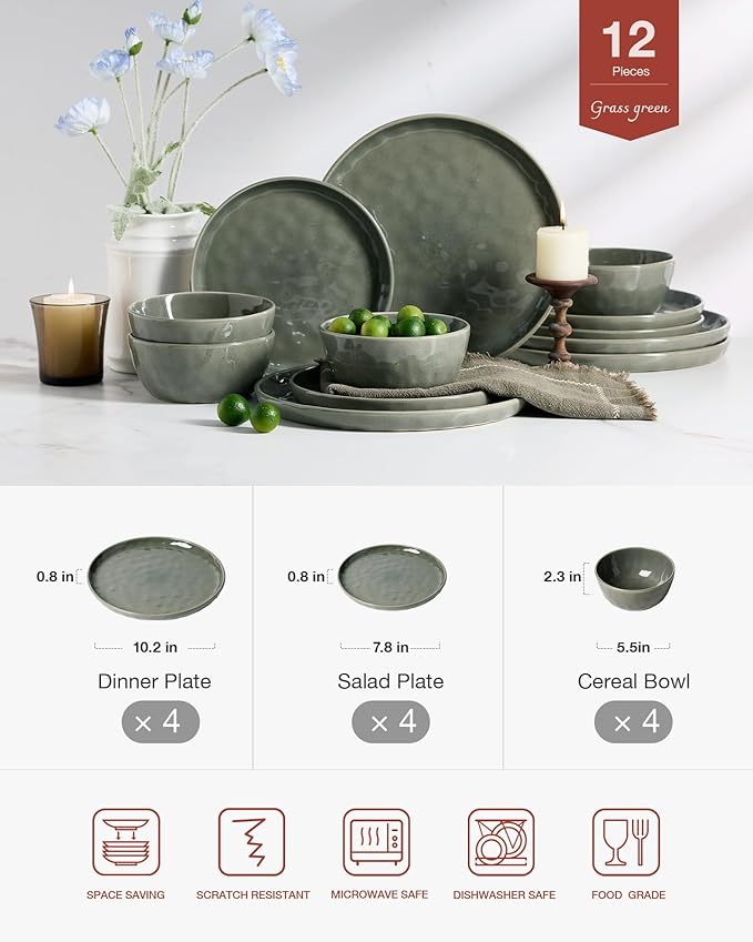 Famiware Mars Plates and Bowls Set, 12 Pieces Dinnerware Sets, Dishes Set for 4, Sage Green