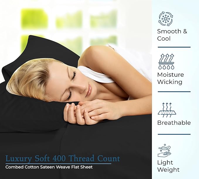 Royale Linens 400 Thread Count 100% American Grown Cotton - Cooling Sheets - Twin Sheets - Luxury Sateen Weave - Twin Flat Sheet Sold Separately - Black Flat Sheet Only (Twin, Night Black)