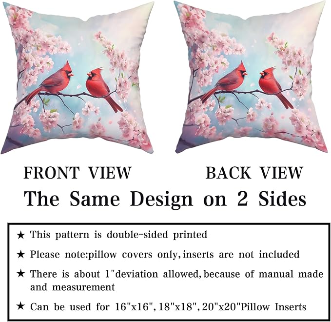 Giwawa Spring Birds Pillow Covers Set of 2, Cherry Blossom Floral Cushion Covers 20x20in, Watercolor Flowers Soft Cotton Throw Pillow Cases for Sofa Couch Patio Bedding Seasonal Decoration