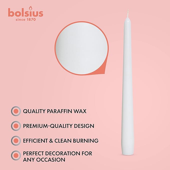 BOLSIUS White Taper Candles - 4 Pack Unscented 10 Inch Dinner Candle Set - 8 Hours Burn Time - Premium European Quality - Smokeless and Dripless Household, Wedding, Party, and Home Decor Candlesticks
