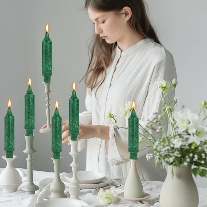 Green Short Taper Candle Sticks Dripless Tapered Candles for for Holiday Wedding Party Wax Unscented Dinner 6 inch Set of 4,Crystal Green