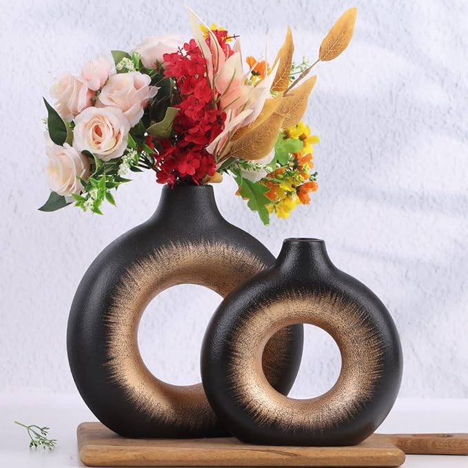 Black Gold Ceramic Vase Set of 2 - Perfect for Home Decor, Living Room, Circle Hollow Donut Vase, Boho Style, Minimalist and Modern Decor - Matte Finish for Flowers, Pampas and More