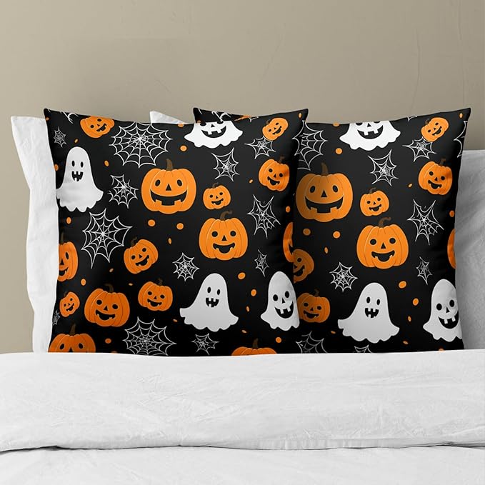 Halloween Throw Pillow Covers 20x20 - Ghost Pumpkins Pillow Covers 2PCS Halloween Day Spider Web Pillowcases for Couch Sofa Bench Bedroom