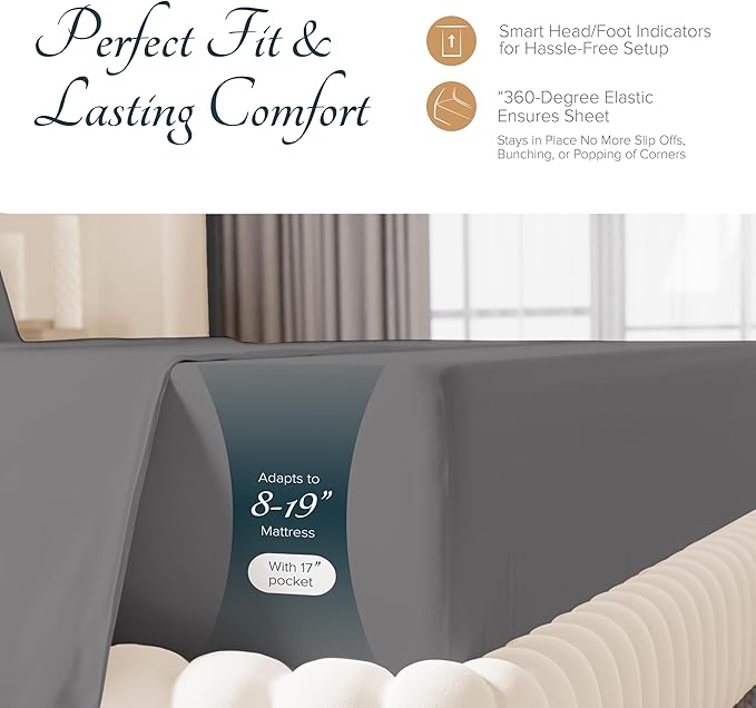 Carressa Linen 100% Egyptian Cotton Sheets California King Size - 1500 Thread Count 4 PC Cal King Sheets Egyptian Cotton, Cooling Sateen Sheets, High Thread Count Sheets California King - Dark Grey