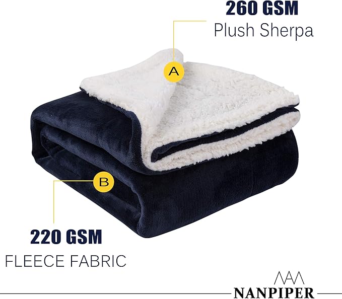 NANPIPER Sherpa Blanket - Super Soft Fuzzy Flannel Fleece/Wool Like Reversible Velvet Plush, Thick Warm for Winter (Twin Size 60"x80", Navy Blue)