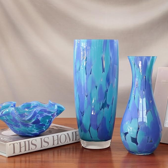 Ca D Oro Murano Style Decorative Blue Glass Bowl Confetti Effect Hand Blown Art Glass Crystal for Home, Room Decoration and Centerpiece - Waved