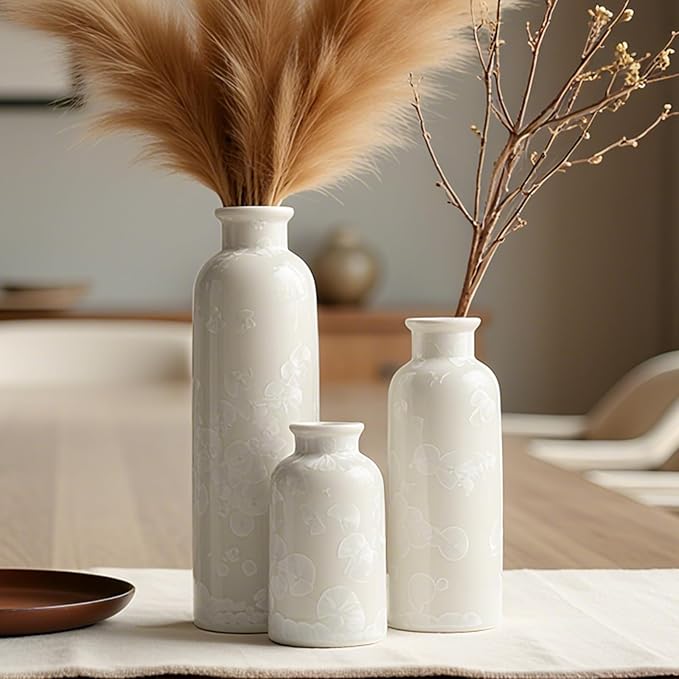 Modern Ceramic Vase Set of 3, Neutral Colors, Decorative Bottles for Home, Farmhouse Rustic Decor (Crystalline Glaze White)