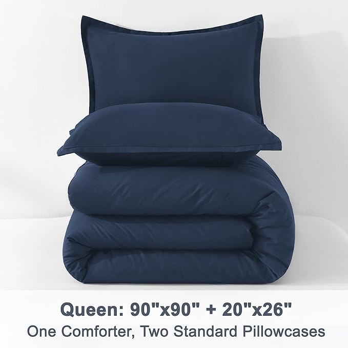 Litanika Navy Blue Comforter Set Queen Size, 3 Pieces Lightweight Solid Bedding Comforter Set, All Season Fluffy Bed Set (90x90In Comforter & 2 Pillowcases)
