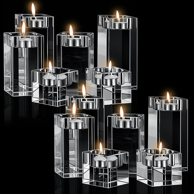 12 Pcs Crystal Tea Light Candle Holders Glass Votive Candle Stands Square Candlestick Holders for Wedding Dining Living Room Centerpiece Decorations, 1.57", 3.15", 3.94"