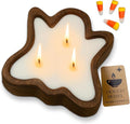 Dough Bowl Candle Co. Ghost Candles - 7x7x2in Halloween Candles, Wooden Fall Candle Decorations with Candy Corn Scent, Cute Fall Room Decor, 100% Soy Wax, Autumn Aesthetic with 35h Burn Time