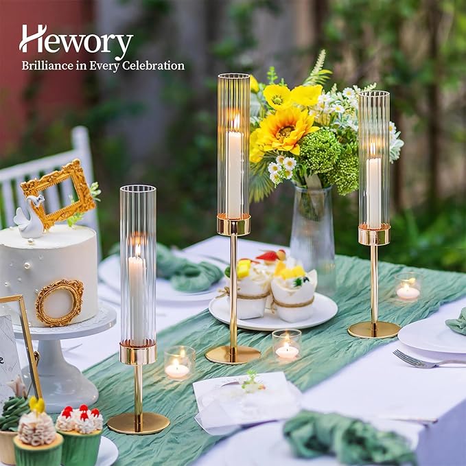 Hewory Gold Taper Candle Holders: Candlestick Holders Set of 3 Hurricane Glass Tall Candle Holder for Candlesticks Candle Sticks Holder Decor for Table Centerpiece Wedding Party Christmas Decorations