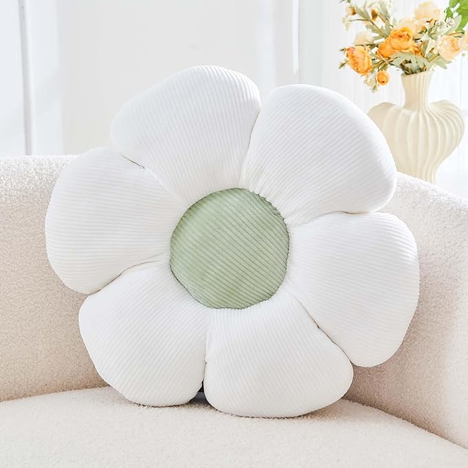 White Flower Pillow, 19.6" Cute Flower Shaped Floor Pillow, Aesthetic Floral Plush Daisy Decorative Throw Pillows for Bed Sofa Couch