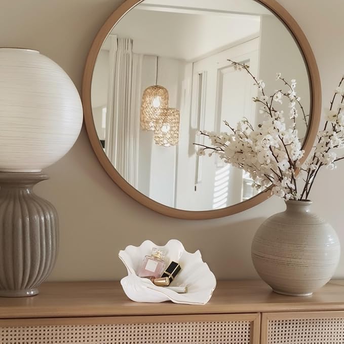 White Shell Decorative Bowl – 11" Resin Clam Shell with Gold Rim, Coastal Centerpiece for Bathroom Vanity, Entryway, or Living Room, Jewelry Holder, Key Tray, Fruit Bowl, Beach House Decor