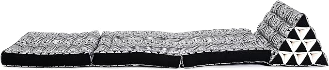 Leewadee - Comfortable Japanese Floor Mattress - Thai Floor Bed with Triangle Cushion - Futon Mattress - Thai Massage Mat, 67 x 21 inches, Black White, Kapok Filling